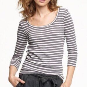 J. CREW Painter Zip Tee Gray Cream Ivory Horizontal Striped 3/4 Sleeve Cotton L